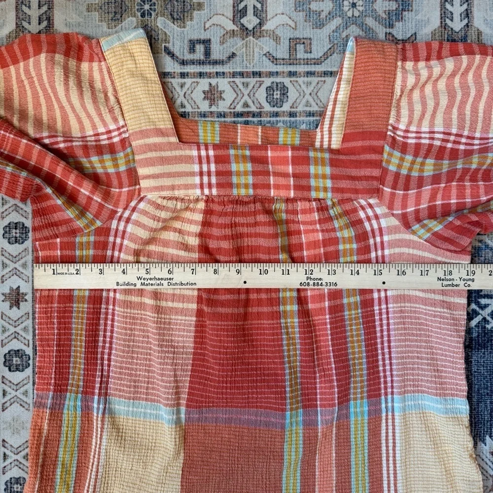 beachlunchlounge Naomi Orange Plaid Cotton Ruffle Blouse Women’s Size Large